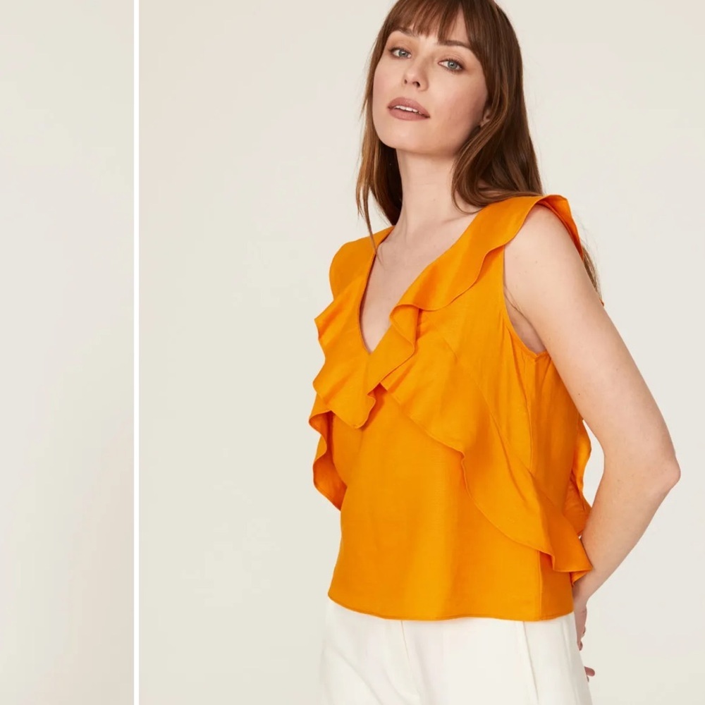 215. Marissa Webb Ditsy Ruffle Top Orange Size 8 - Picture 2 of 14